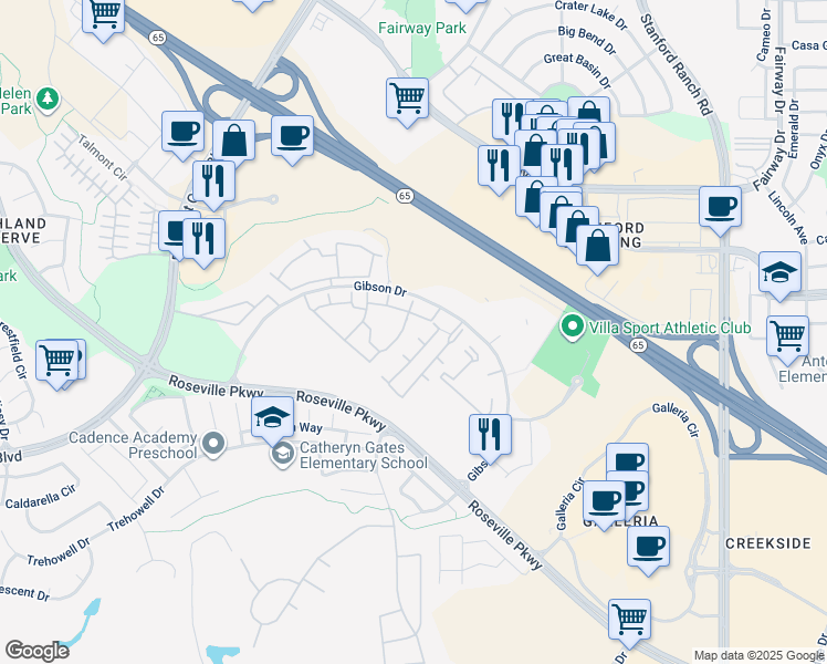 map of restaurants, bars, coffee shops, grocery stores, and more near 701 Gibson Drive in Roseville