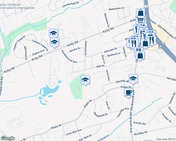 map of restaurants, bars, coffee shops, grocery stores, and more near 5803 Alan Drive in Clinton