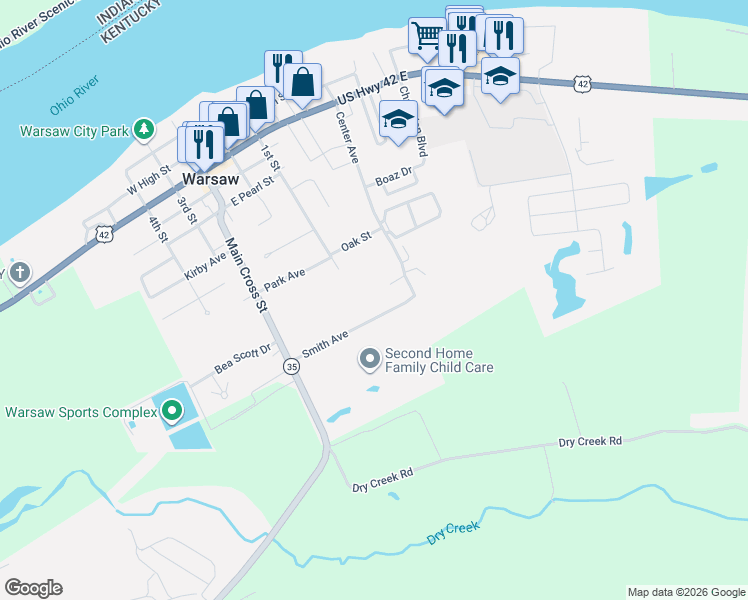 map of restaurants, bars, coffee shops, grocery stores, and more near 125 Smith Avenue in Warsaw
