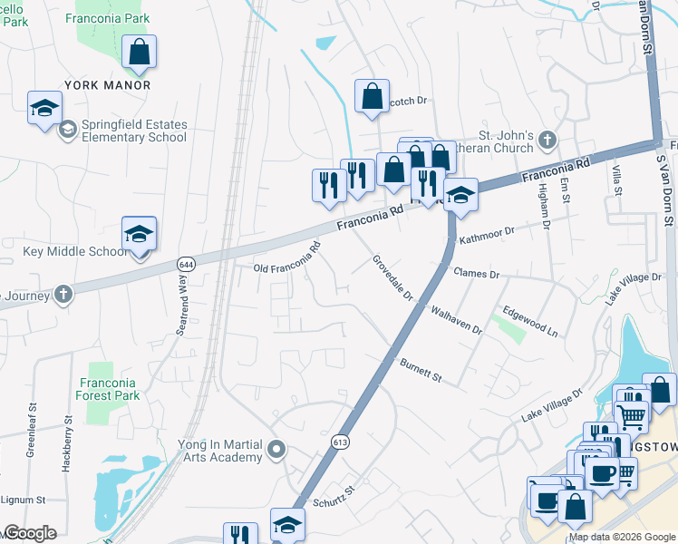 map of restaurants, bars, coffee shops, grocery stores, and more near 6329 Franconia Commons Drive in Alexandria
