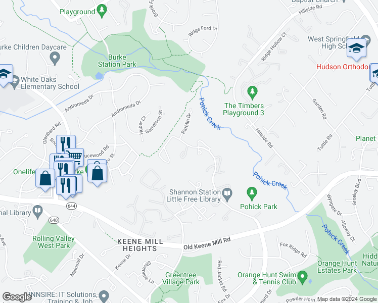 map of restaurants, bars, coffee shops, grocery stores, and more near 9007 Mulvaney Court in Springfield