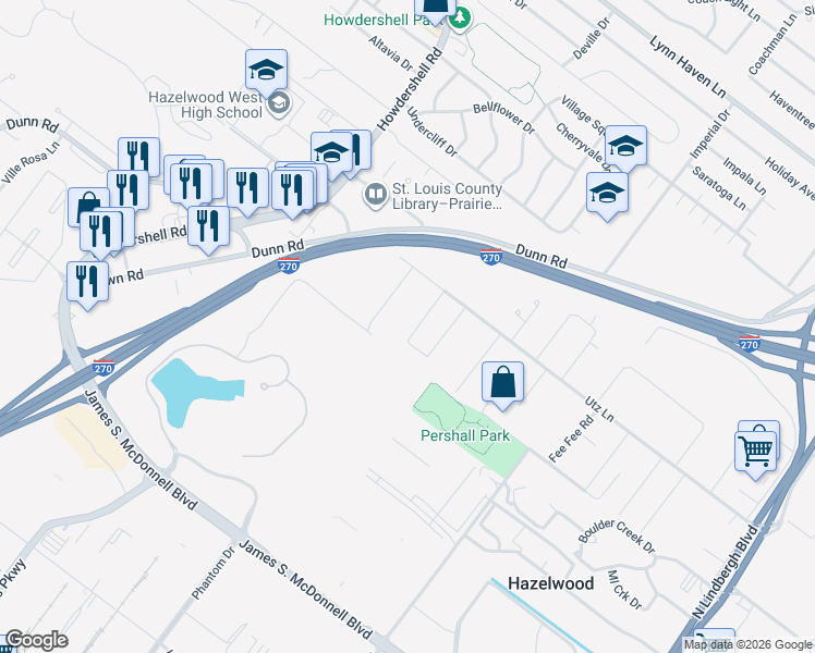 map of restaurants, bars, coffee shops, grocery stores, and more near 108 Dawnridge Drive in Hazelwood
