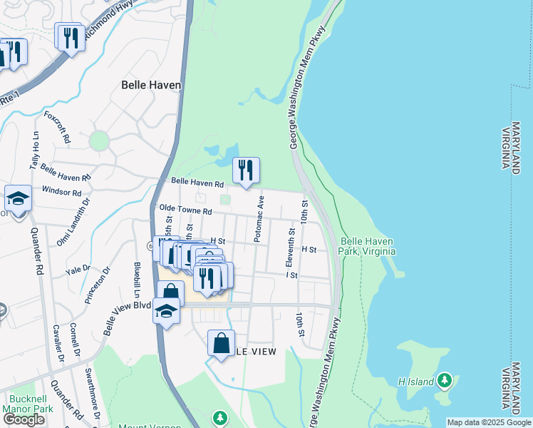 map of restaurants, bars, coffee shops, grocery stores, and more near 1262 Olde Towne Road in Alexandria