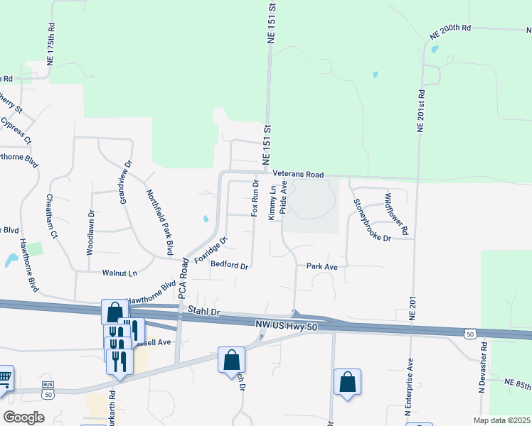 map of restaurants, bars, coffee shops, grocery stores, and more near 1208 Kimmy Lane in Warrensburg