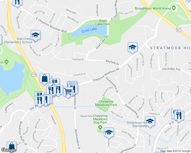 map of restaurants, bars, coffee shops, grocery stores, and more near 3680 San Pedro Court in Colorado Springs