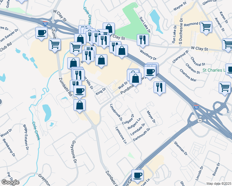 map of restaurants, bars, coffee shops, grocery stores, and more near 1550 Wall Street in Saint Charles