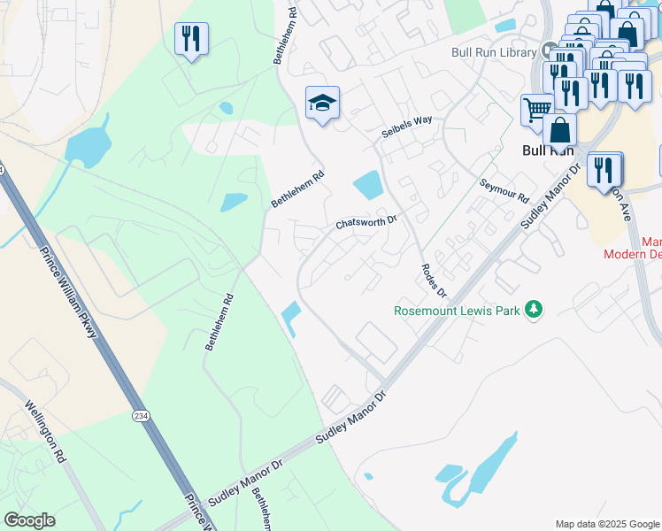 map of restaurants, bars, coffee shops, grocery stores, and more near 11257 Lady Jane Loop in Manassas