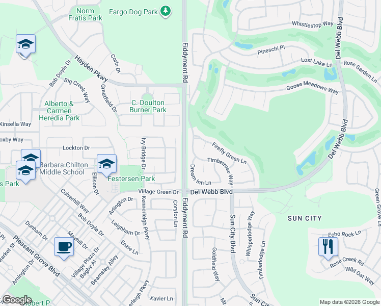 map of restaurants, bars, coffee shops, grocery stores, and more near 7180 Timberrose Way in Roseville