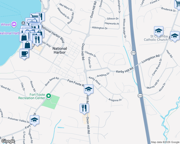 map of restaurants, bars, coffee shops, grocery stores, and more near 105 Kerby Hill Road in Fort Washington
