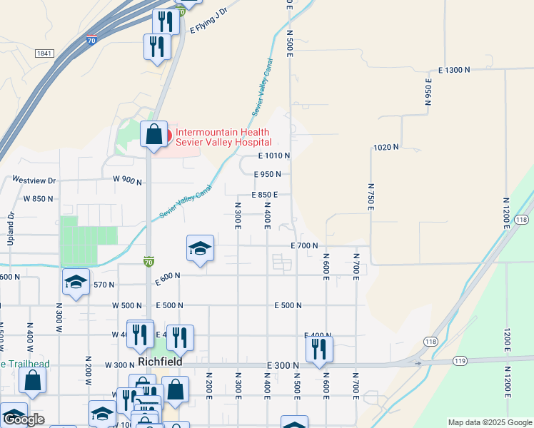 map of restaurants, bars, coffee shops, grocery stores, and more near 651 East 800 North in Richfield