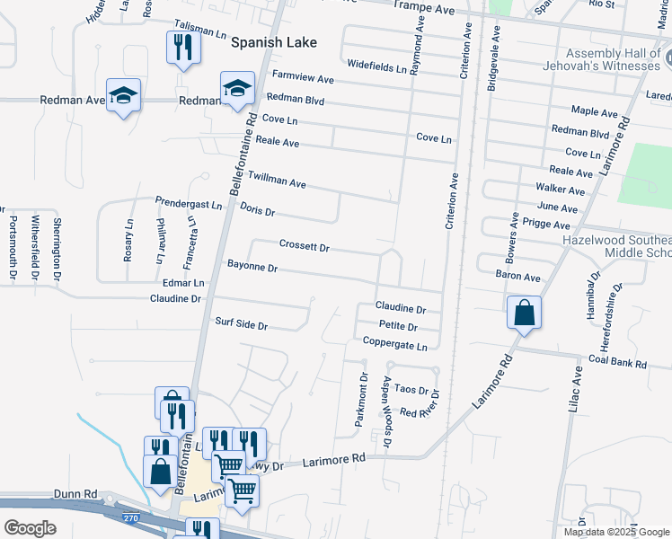 map of restaurants, bars, coffee shops, grocery stores, and more near 1441 Bayonne Drive in St. Louis