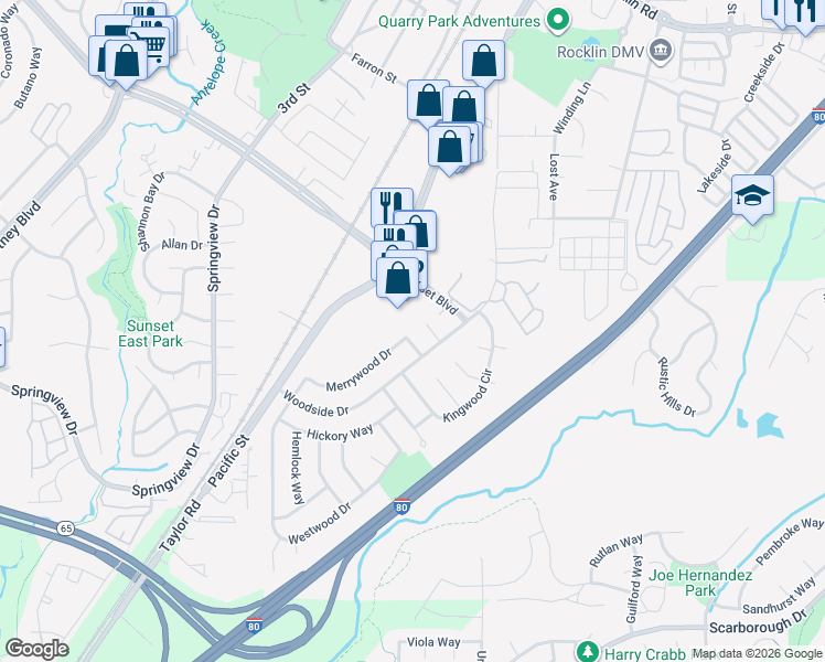 map of restaurants, bars, coffee shops, grocery stores, and more near 5930 Merrywood Drive in Rocklin