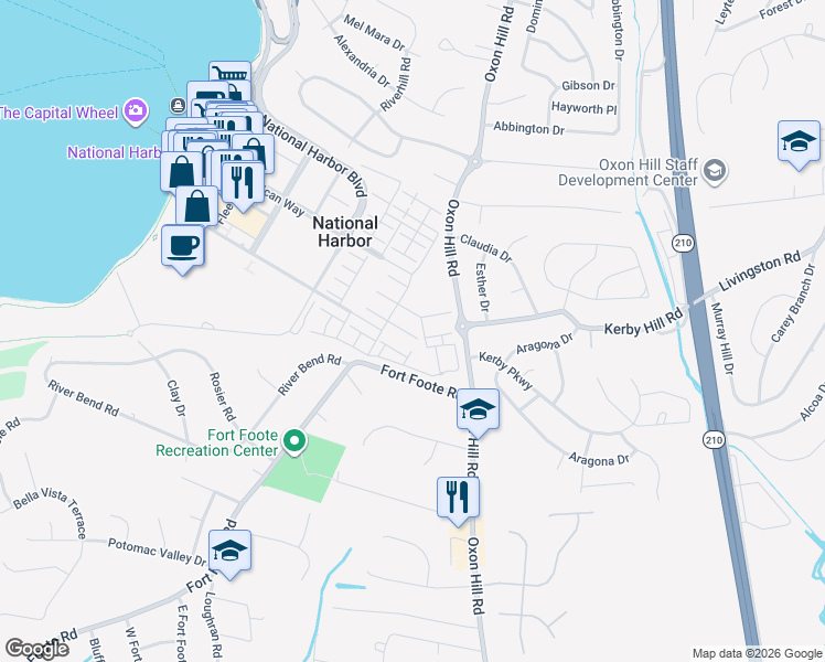 map of restaurants, bars, coffee shops, grocery stores, and more near 716 River Mist Drive in Oxon Hill
