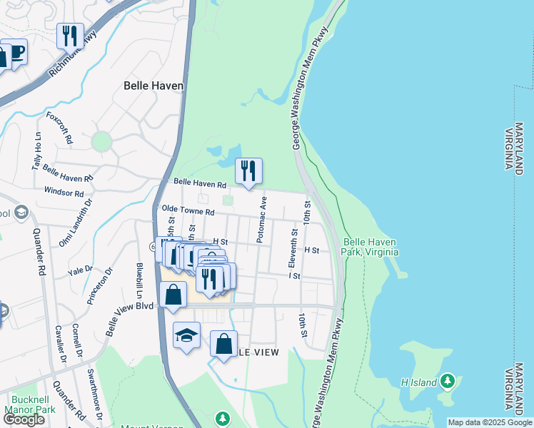 map of restaurants, bars, coffee shops, grocery stores, and more near 1262 Olde Towne Road in Alexandria