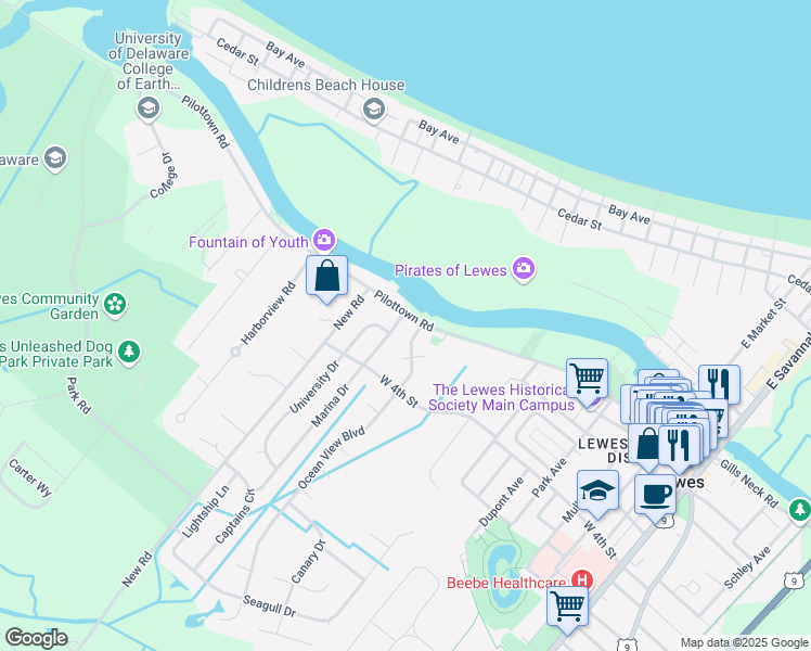 map of restaurants, bars, coffee shops, grocery stores, and more near 410 Pilottown Road in Lewes