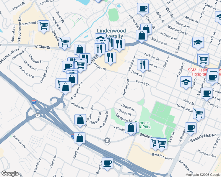 map of restaurants, bars, coffee shops, grocery stores, and more near 1 Gary Court in Saint Charles