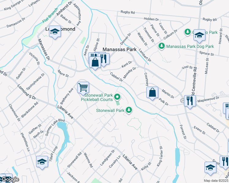 map of restaurants, bars, coffee shops, grocery stores, and more near 286 Moseby Drive in Manassas Park