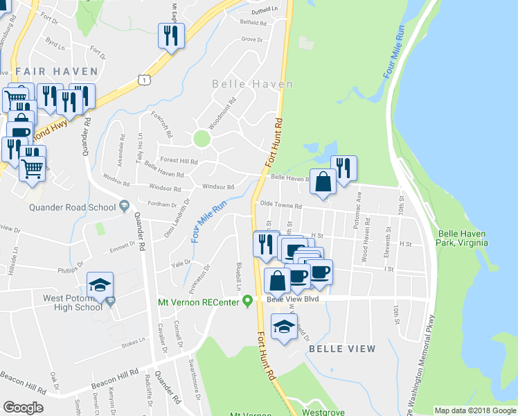 map of restaurants, bars, coffee shops, grocery stores, and more near 1751 Olde Towne Road in Alexandria