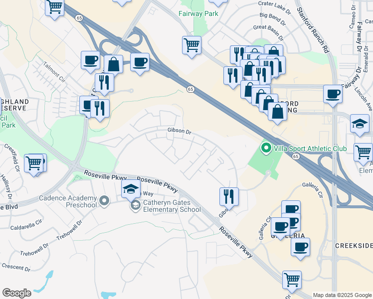 map of restaurants, bars, coffee shops, grocery stores, and more near 709 Gibson Drive in Roseville
