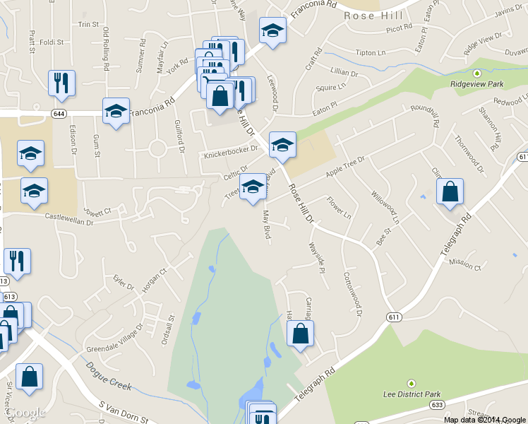 map of restaurants, bars, coffee shops, grocery stores, and more near in Franconia