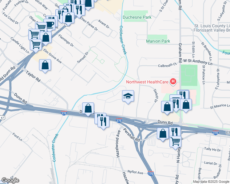 map of restaurants, bars, coffee shops, grocery stores, and more near 7300 Normandie Court in Hazelwood