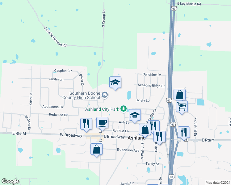 map of restaurants, bars, coffee shops, grocery stores, and more near 14520 South Crump Lane in Ashland