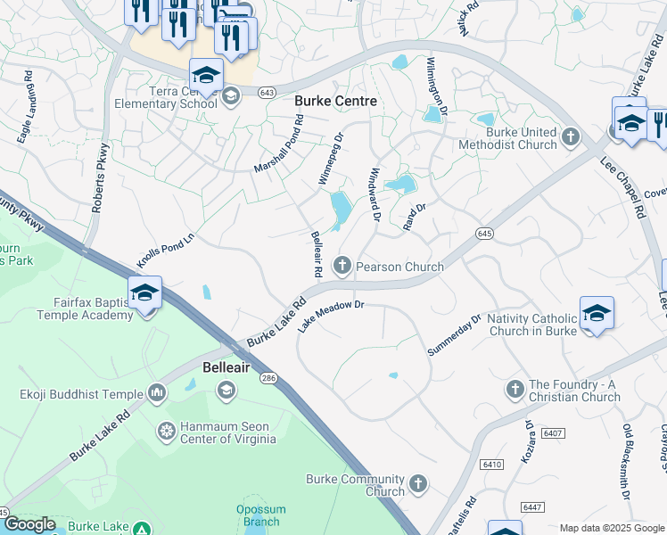 map of restaurants, bars, coffee shops, grocery stores, and more near 6246 Wilmette Drive in Burke
