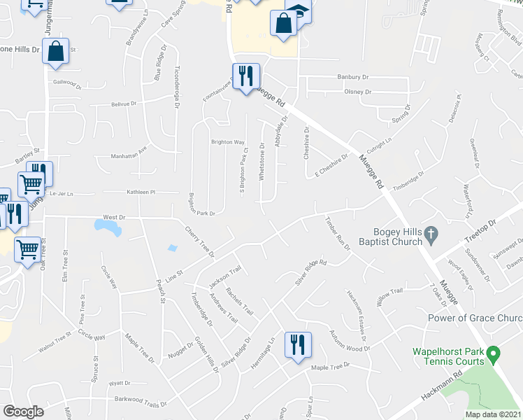 map of restaurants, bars, coffee shops, grocery stores, and more near 119 Whetstone Drive in Saint Charles