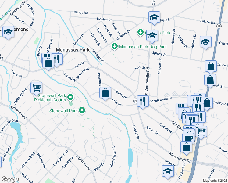 map of restaurants, bars, coffee shops, grocery stores, and more near 131 Martin Drive in Manassas Park
