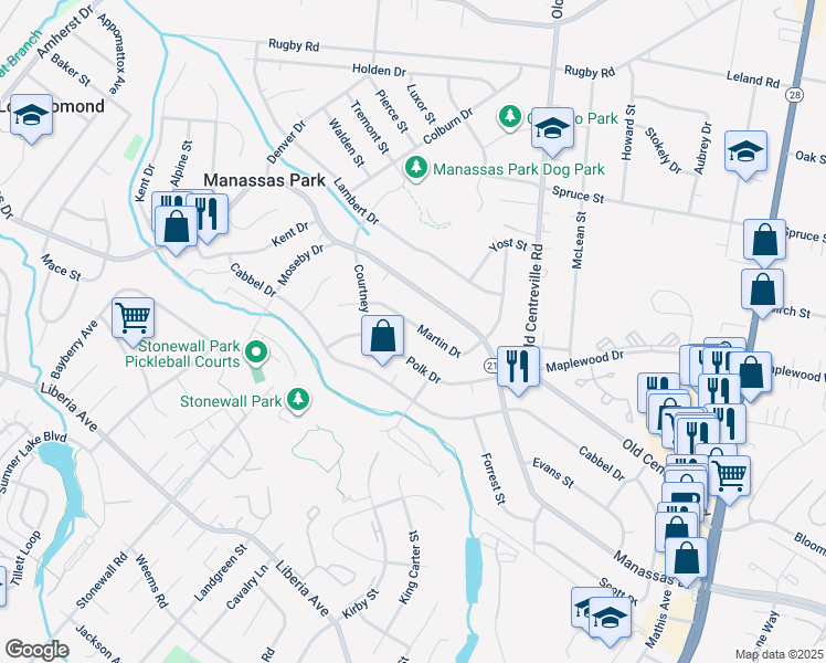 map of restaurants, bars, coffee shops, grocery stores, and more near 131 Martin Drive in Manassas Park
