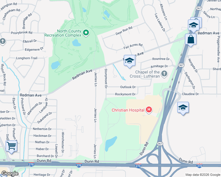 map of restaurants, bars, coffee shops, grocery stores, and more near 2376 Outlook Drive in St. Louis