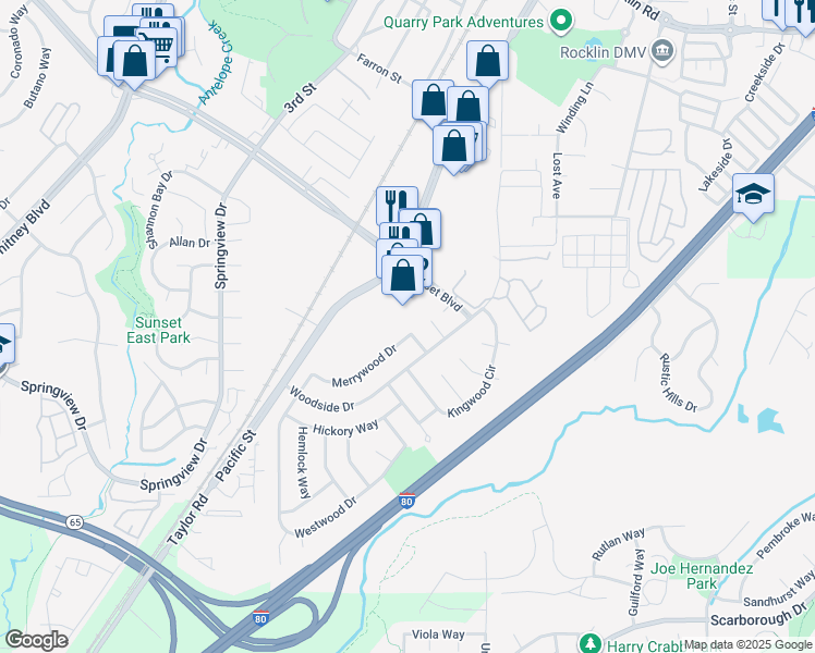 map of restaurants, bars, coffee shops, grocery stores, and more near 5940 Merrywood Drive in Rocklin