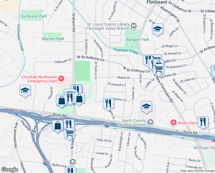 map of restaurants, bars, coffee shops, grocery stores, and more near 1150 South Lafayette Street in Florissant