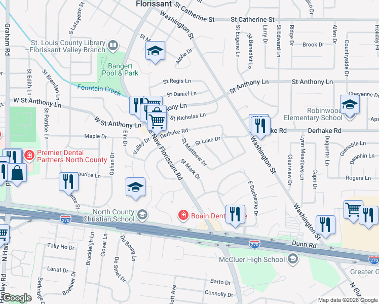 map of restaurants, bars, coffee shops, grocery stores, and more near 1135 Saint Matthew Drive in Florissant