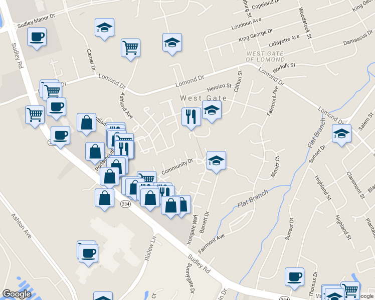 map of restaurants, bars, coffee shops, grocery stores, and more near 7965 Community Drive in Manassas