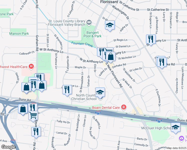 map of restaurants, bars, coffee shops, grocery stores, and more near 5 Elm Drive in Florissant