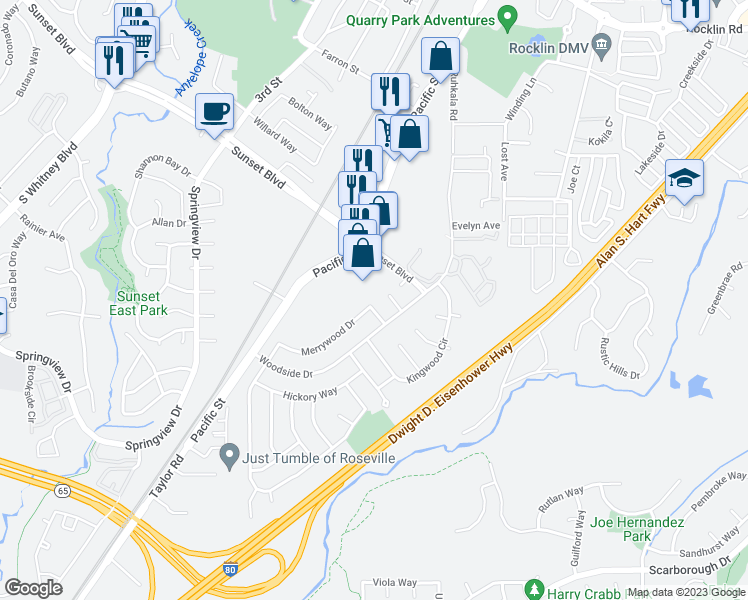 map of restaurants, bars, coffee shops, grocery stores, and more near 5932 Merrywood Drive in Rocklin