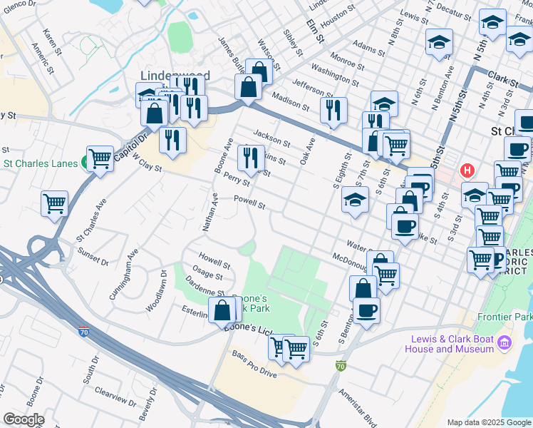 map of restaurants, bars, coffee shops, grocery stores, and more near 1025 Powell Street in Saint Charles