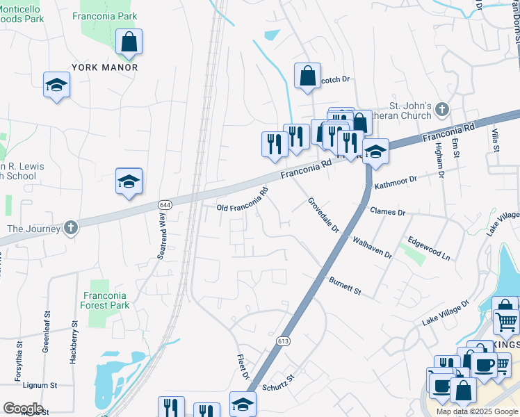 map of restaurants, bars, coffee shops, grocery stores, and more near 6321 Gildar Street in Alexandria