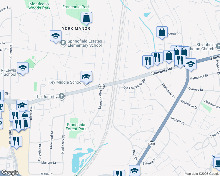 map of restaurants, bars, coffee shops, grocery stores, and more near 6338 Racetec Place in Springfield