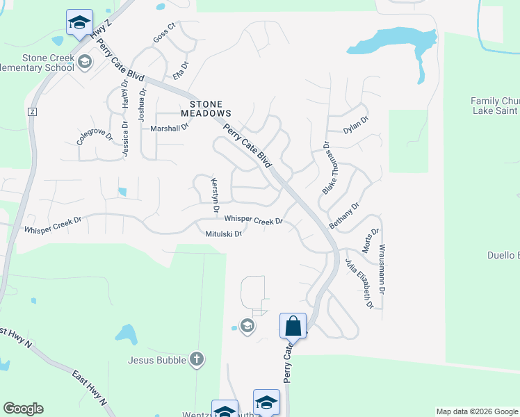 map of restaurants, bars, coffee shops, grocery stores, and more near 5416 Delaney Drive in Wentzville