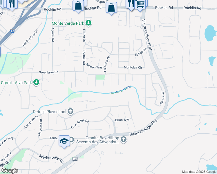 map of restaurants, bars, coffee shops, grocery stores, and more near 5710 Sandstone Court in Rocklin