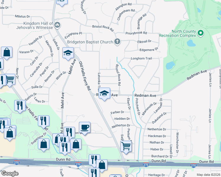 map of restaurants, bars, coffee shops, grocery stores, and more near 4915 Lockwig Trail in Florissant