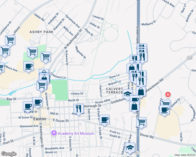 map of restaurants, bars, coffee shops, grocery stores, and more near 205 Parris Lane in Easton