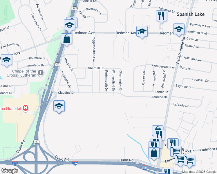 map of restaurants, bars, coffee shops, grocery stores, and more near 11516 Portsmouth Drive in Saint Louis