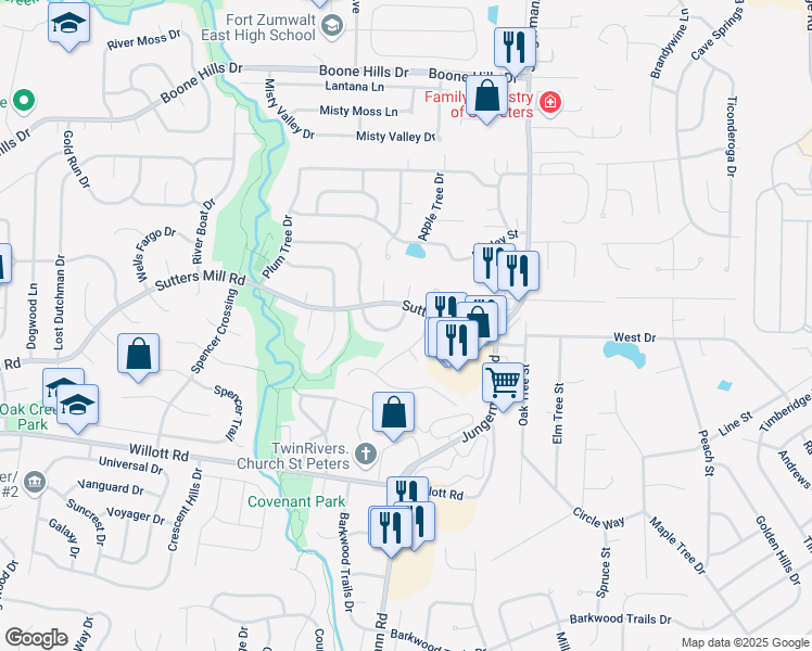 map of restaurants, bars, coffee shops, grocery stores, and more near 5 Pilot Hill Drive in St. Peters