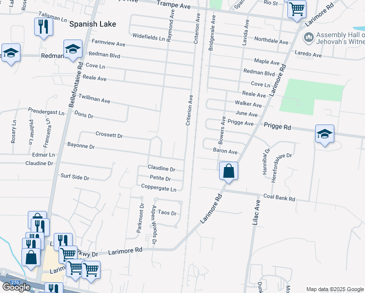 map of restaurants, bars, coffee shops, grocery stores, and more near 11540 Caraway Court in St. Louis