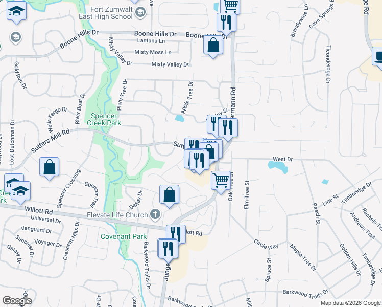 map of restaurants, bars, coffee shops, grocery stores, and more near 92 Sutters Mill Road in St. Peters