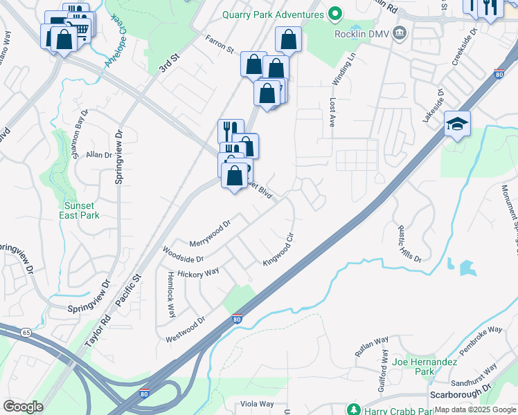 map of restaurants, bars, coffee shops, grocery stores, and more near 5804 Sequoia Court in Rocklin