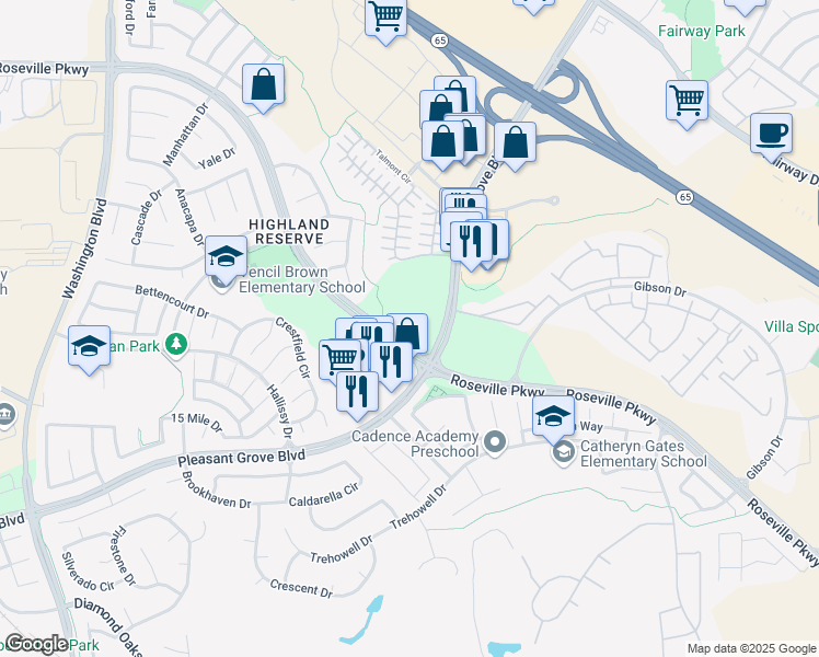 map of restaurants, bars, coffee shops, grocery stores, and more near 996 Pleasant Grove Boulevard in Roseville